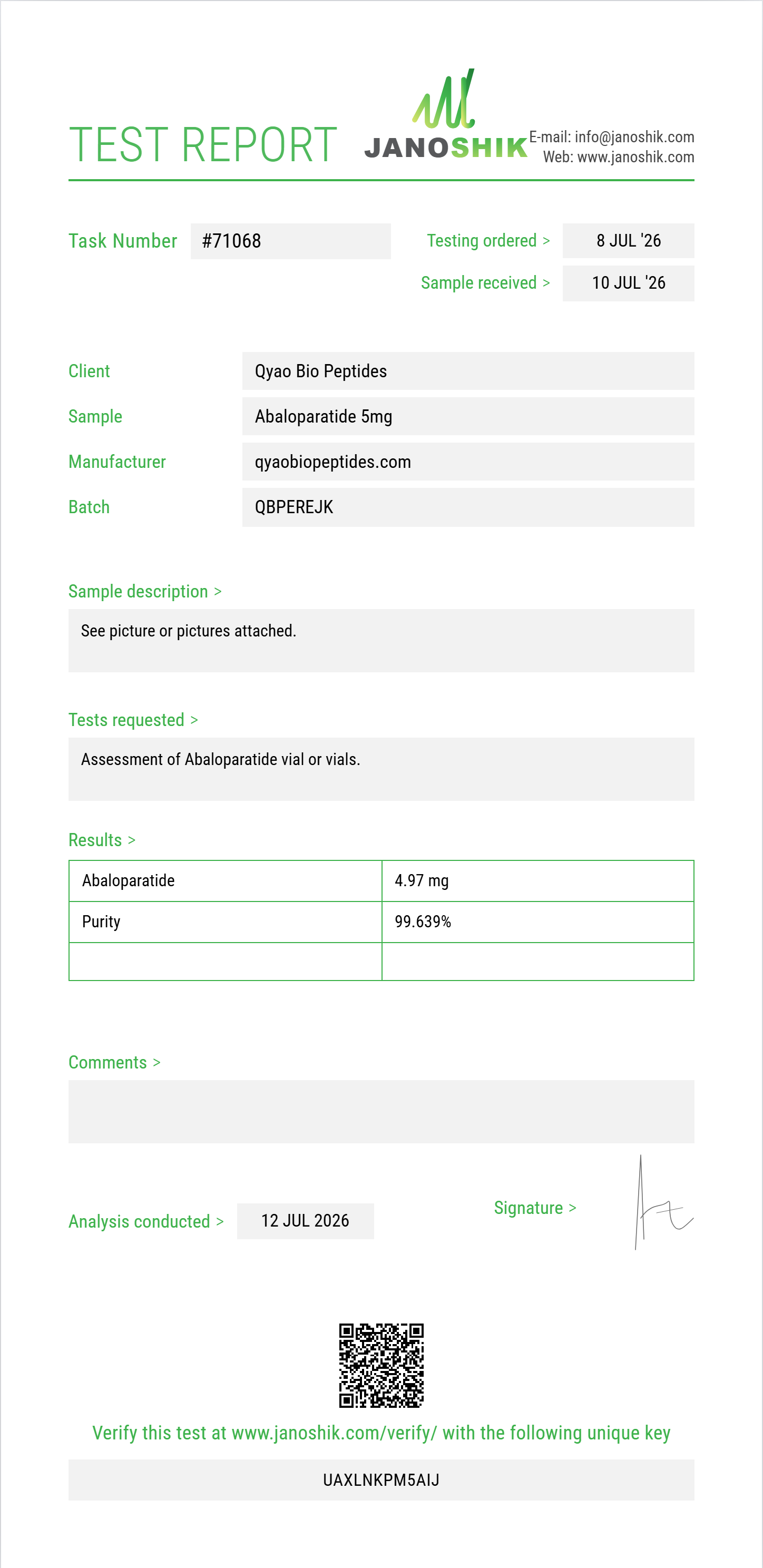 Abaloparatide Purity (HPLC) report by Janoshik Analytical