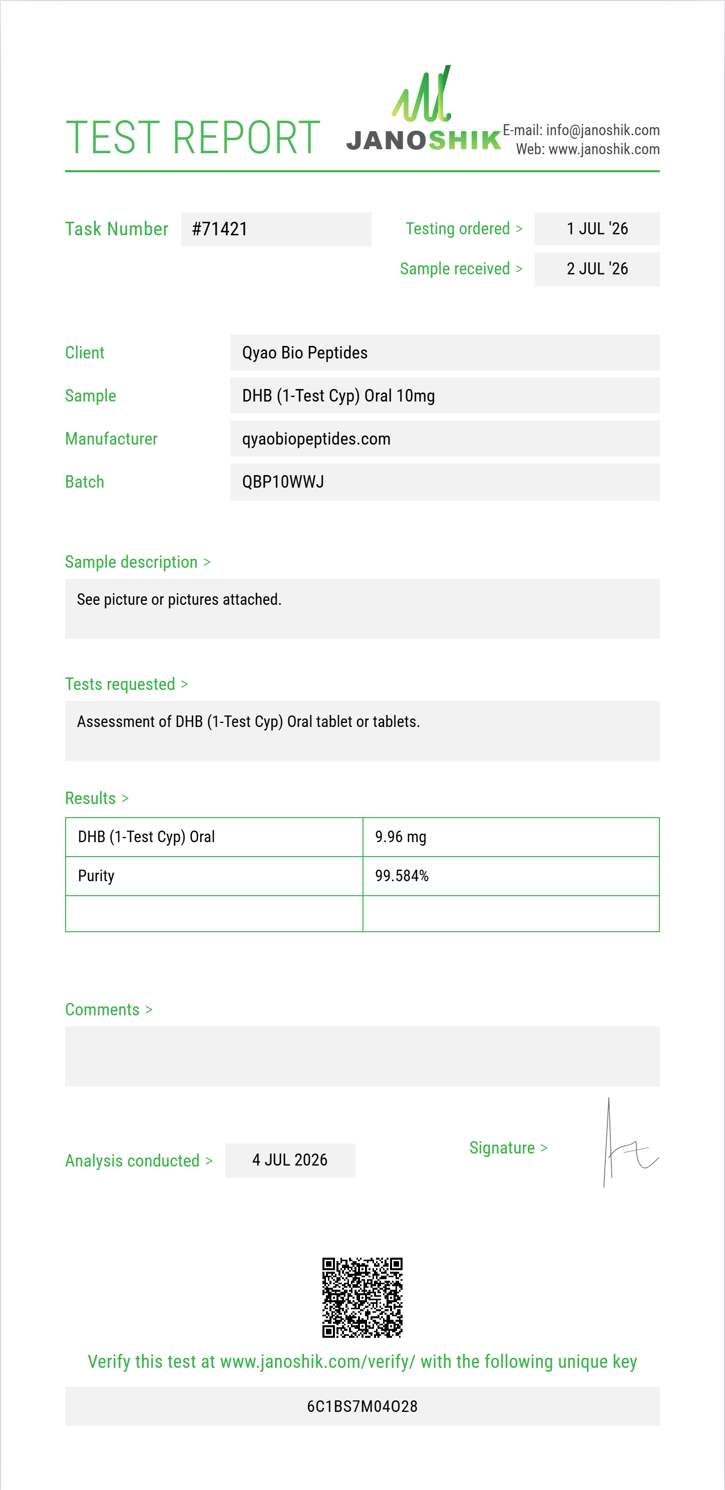 DHB (1-Test Cyp) Oral Purity (HPLC) report by Janoshik Analytical