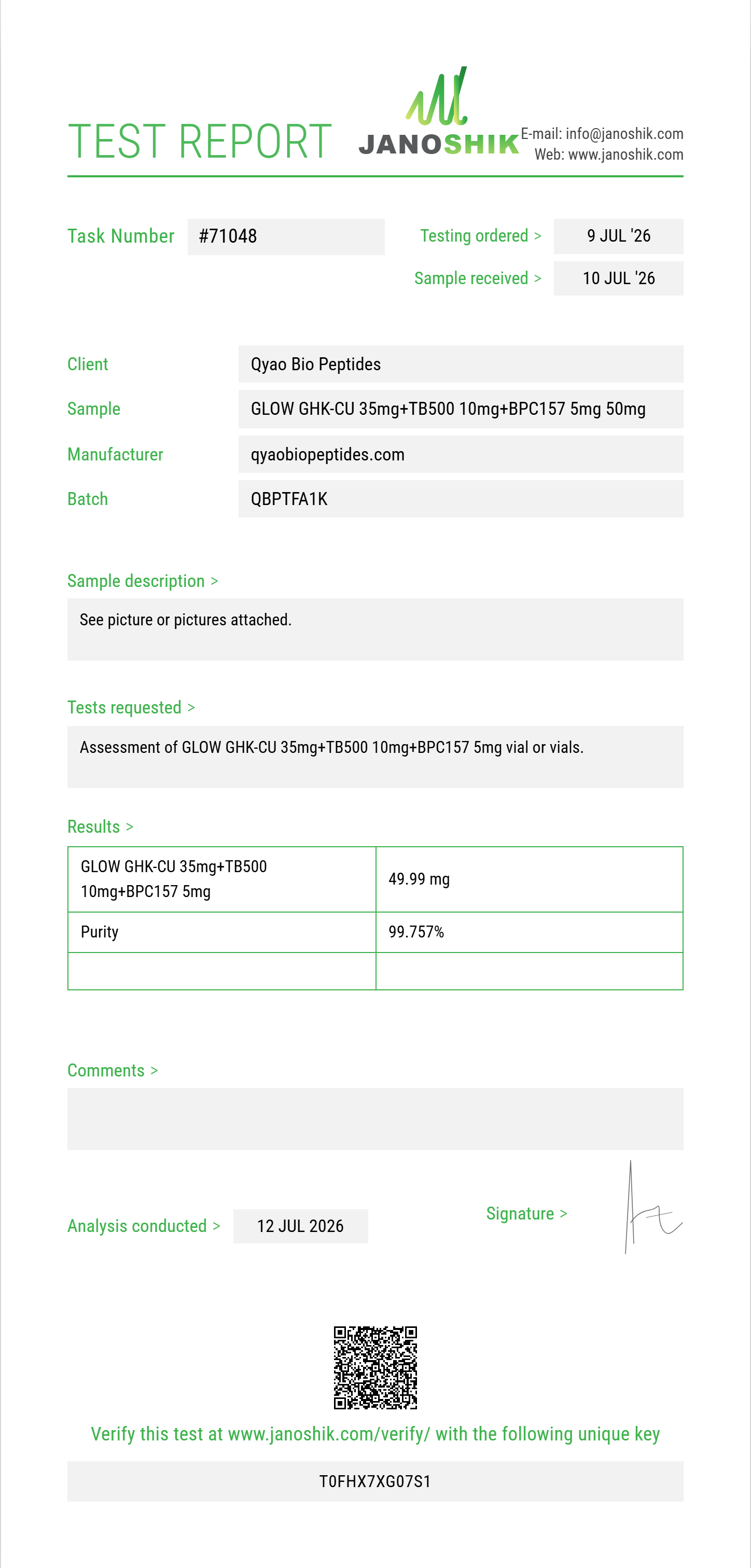 GLOW GHK-CU 35mg+TB500 10mg+BPC157 5mg Purity (HPLC) report by Janoshik Analytical