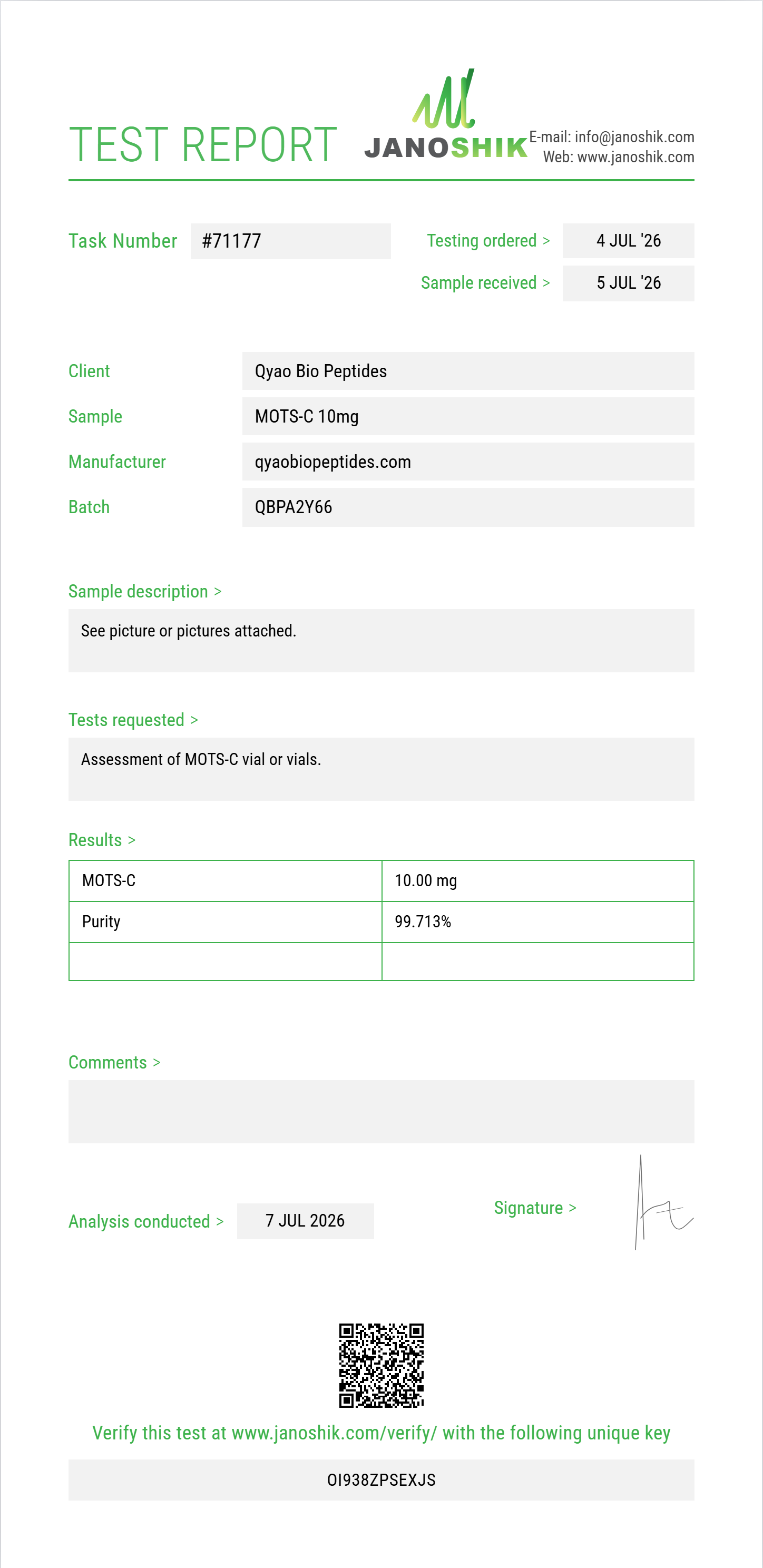 MOTS-C Purity (HPLC) report by Janoshik Analytical