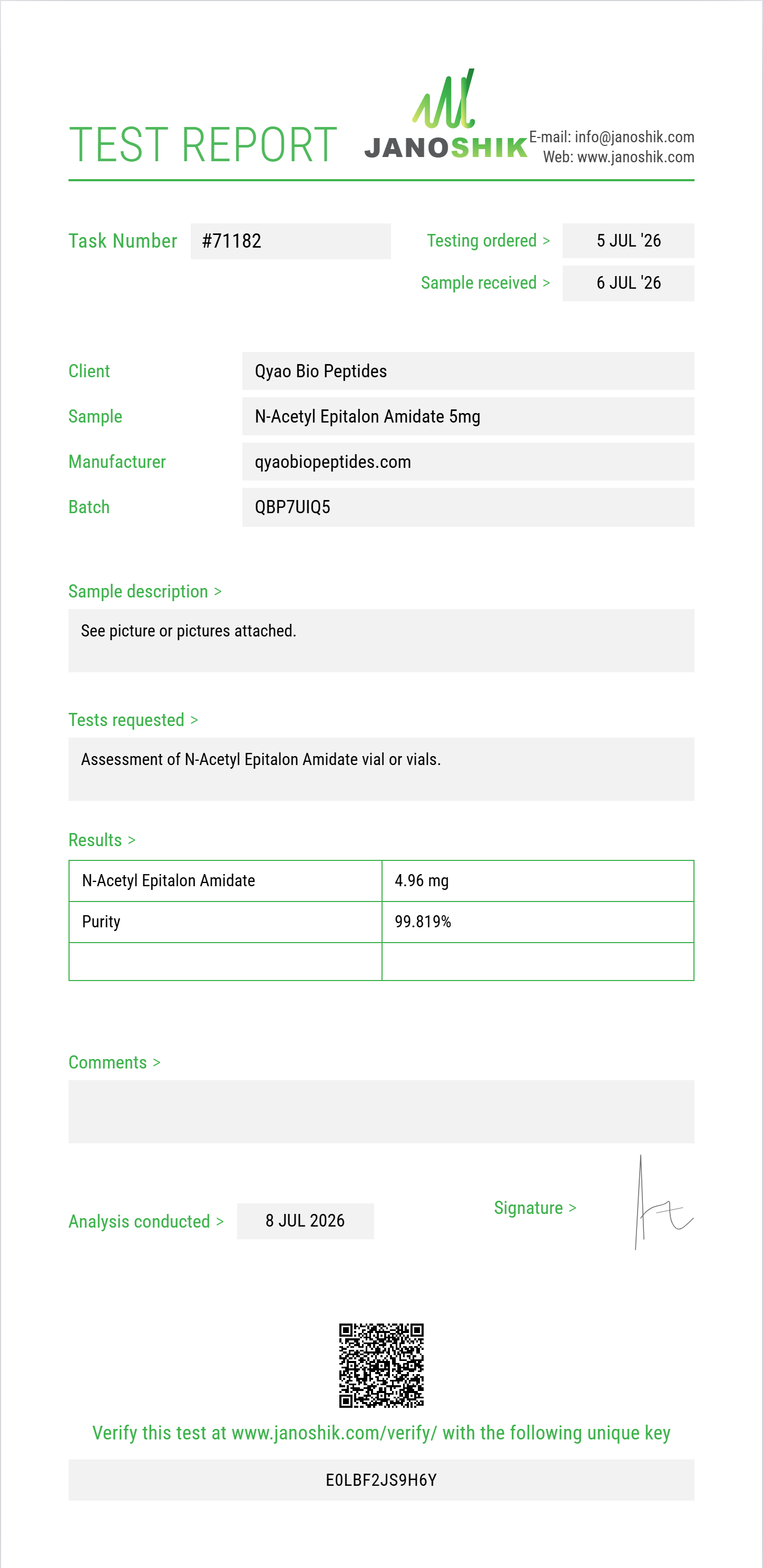 N-Acetyl Epitalon Amidate Purity (HPLC) report by Janoshik Analytical