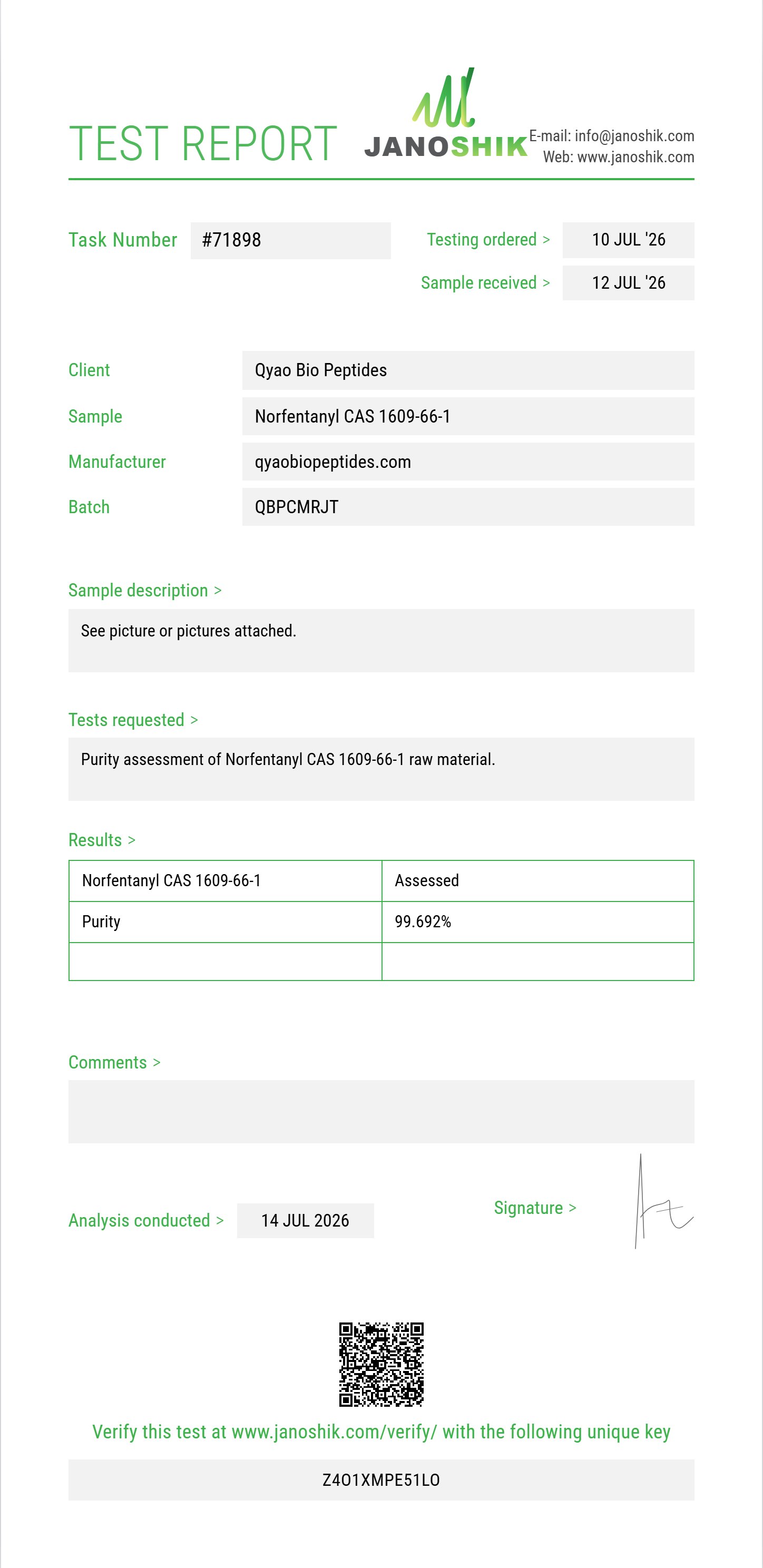 Norfentanyl CAS 1609-66-1 Purity (HPLC) report by Janoshik Analytical