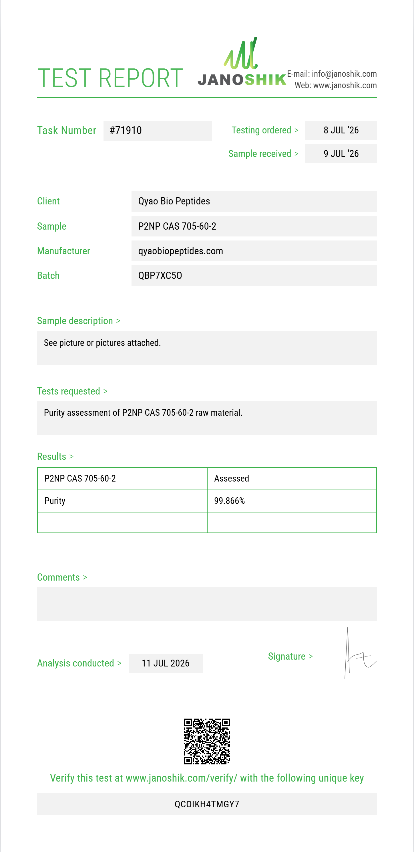 P2NP (1-phenyl-2-nitropropene) CAS 705-60-2 Purity (HPLC) report by Janoshik Analytical