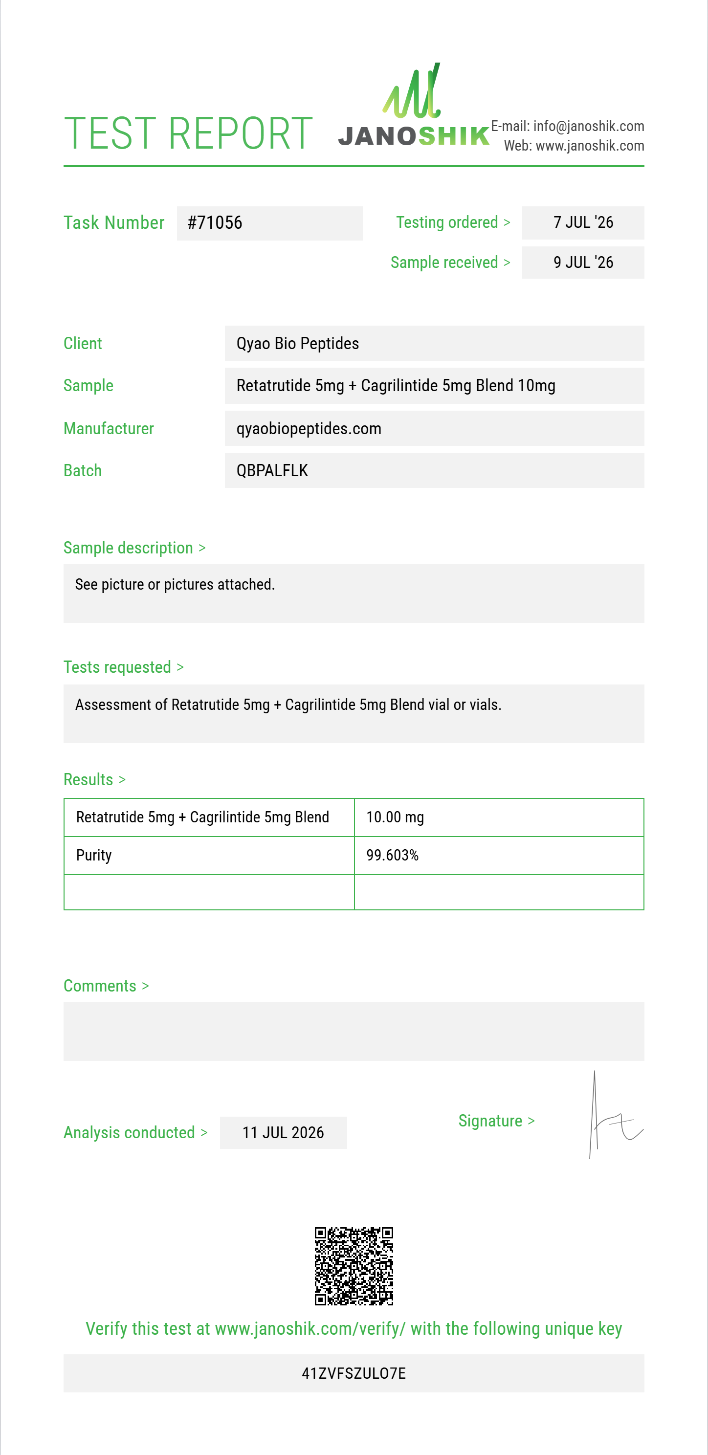 Retatrutide 5mg + Cagrilintide 5mg Blend Purity (HPLC) report by Janoshik Analytical