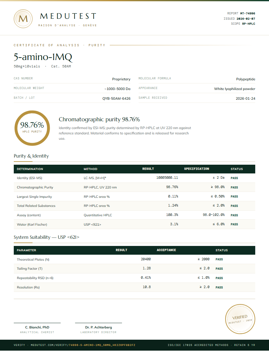 5-amino-1MQ Oral Purity (HPLC) report by Medutest