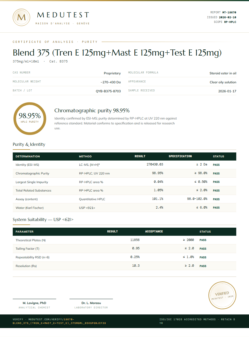 Blend 375 (Tren E 125mg+Mast E 125mg+Test E 125mg) Purity (HPLC) report by Medutest