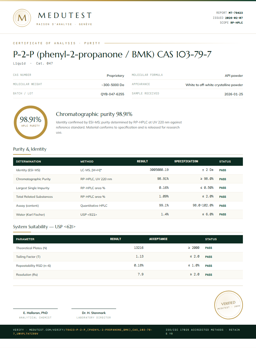 P-2-P (phenyl-2-propanone / BMK) CAS 103-79-7 Purity (HPLC) report by Medutest