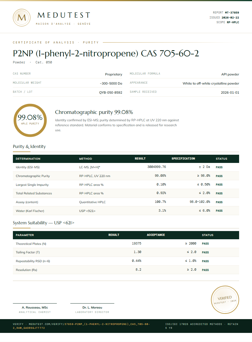 P2NP (1-phenyl-2-nitropropene) CAS 705-60-2 Purity (HPLC) report by Medutest