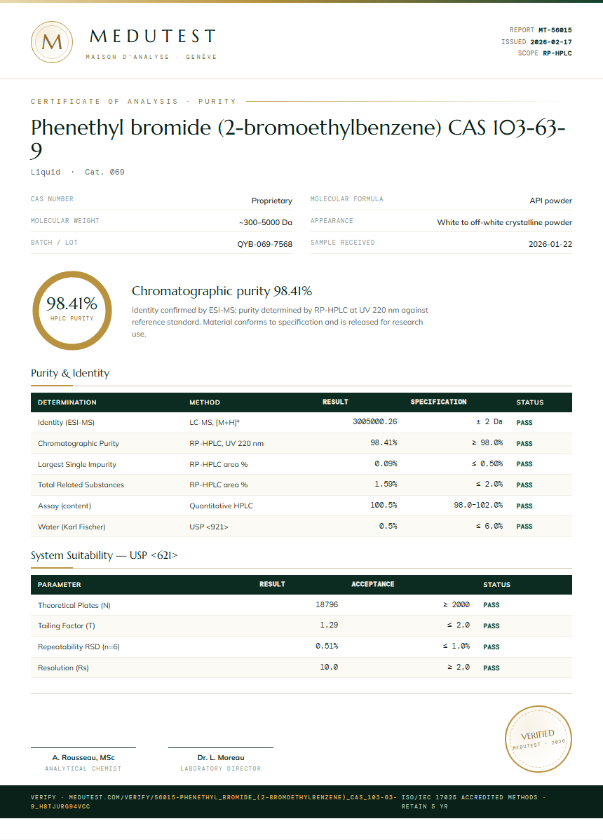 Phenethyl bromide (2-bromoethylbenzene) CAS 103-63-9 Purity (HPLC) report by Medutest