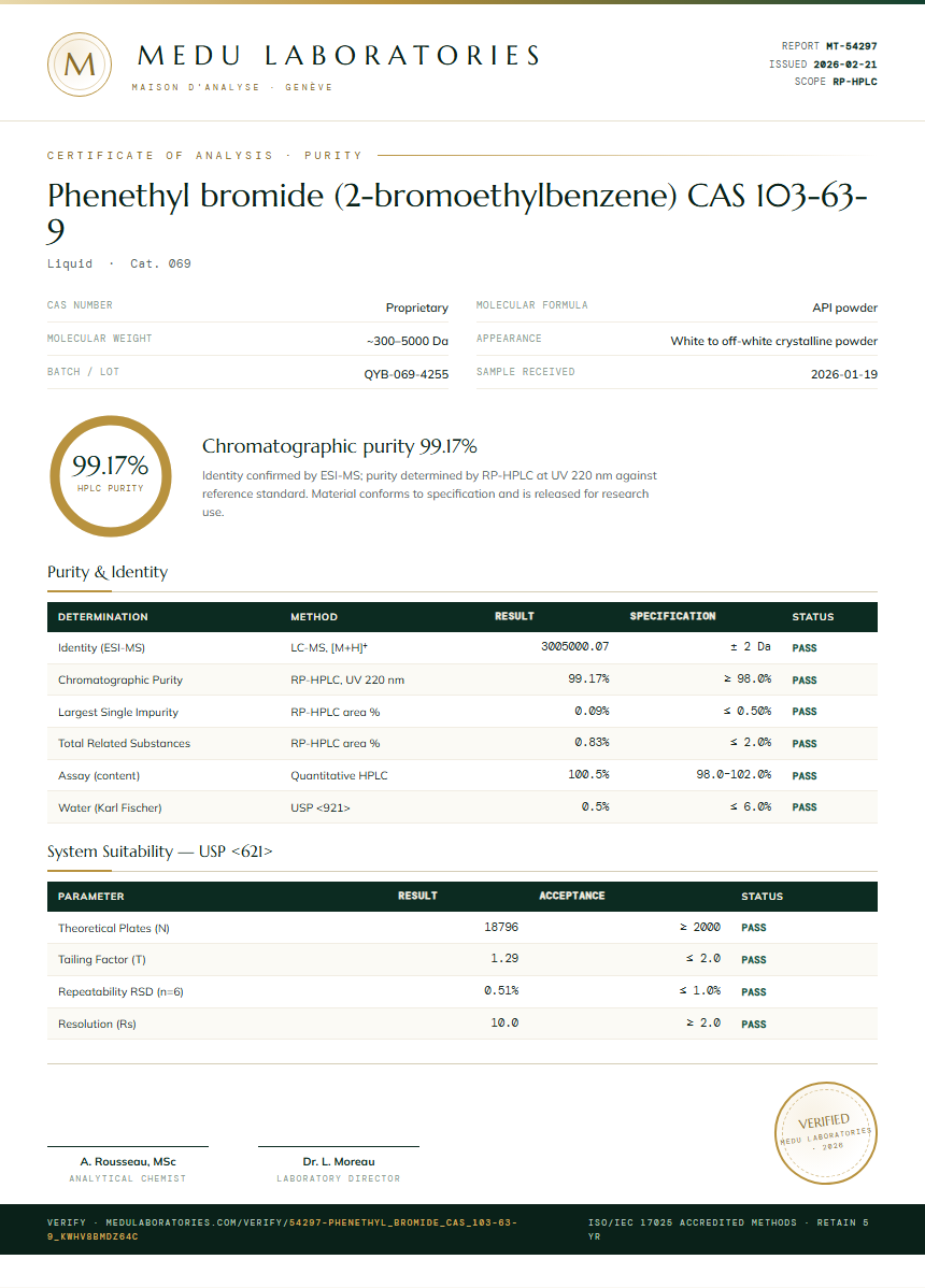 Phenethyl bromide (2-bromoethylbenzene) CAS 103-63-9 Purity (HPLC) report by Medu Laboratories