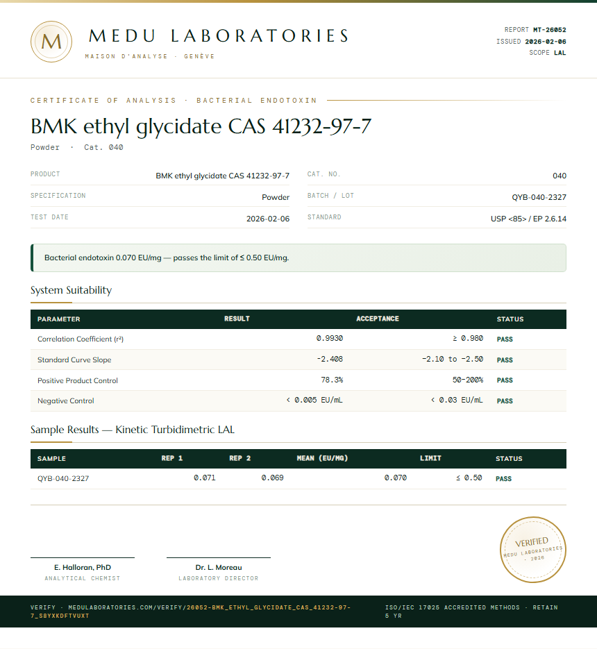 BMK ethyl glycidate CAS 41232-97-7 Endotoxin report by Medu Laboratories