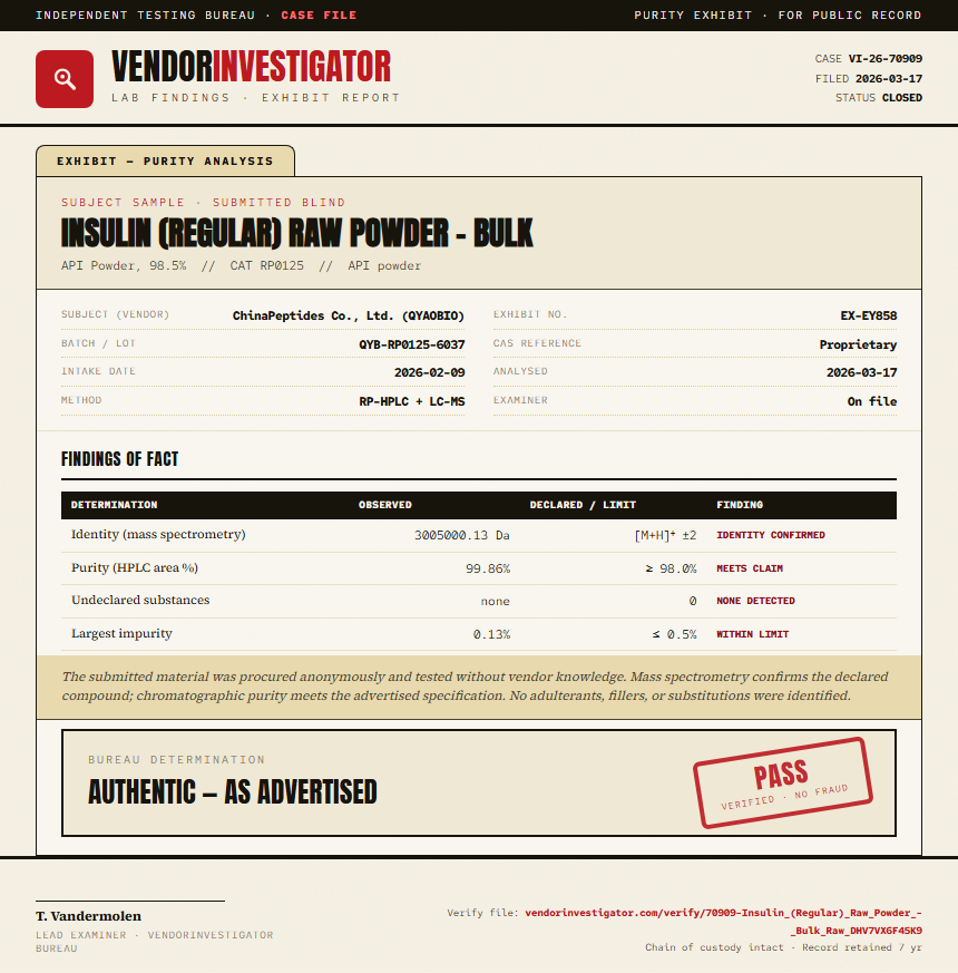 Insulin (Regular) Raw Powder - Bulk Purity (HPLC) report by VendorInvestigator