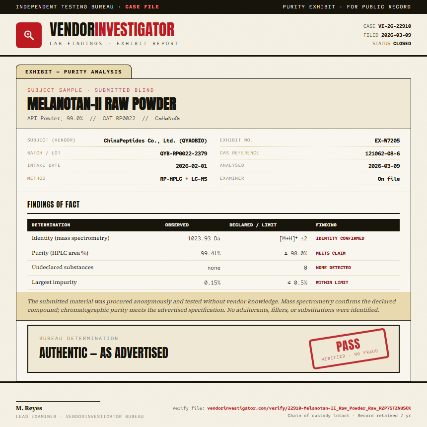 Melanotan-II Raw Powder Purity (HPLC) report by VendorInvestigator