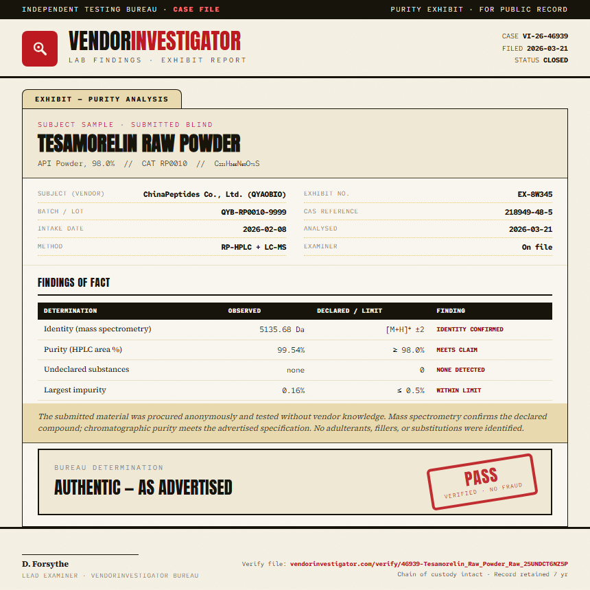 Tesamorelin Raw Powder Purity (HPLC) report by VendorInvestigator